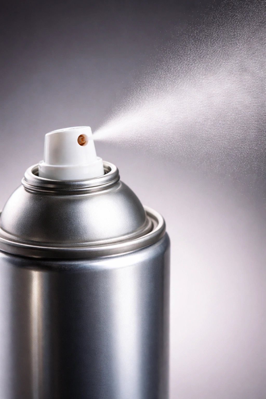 Close-up of aerosol hairspray bottle releasing fine mist on a neutral background