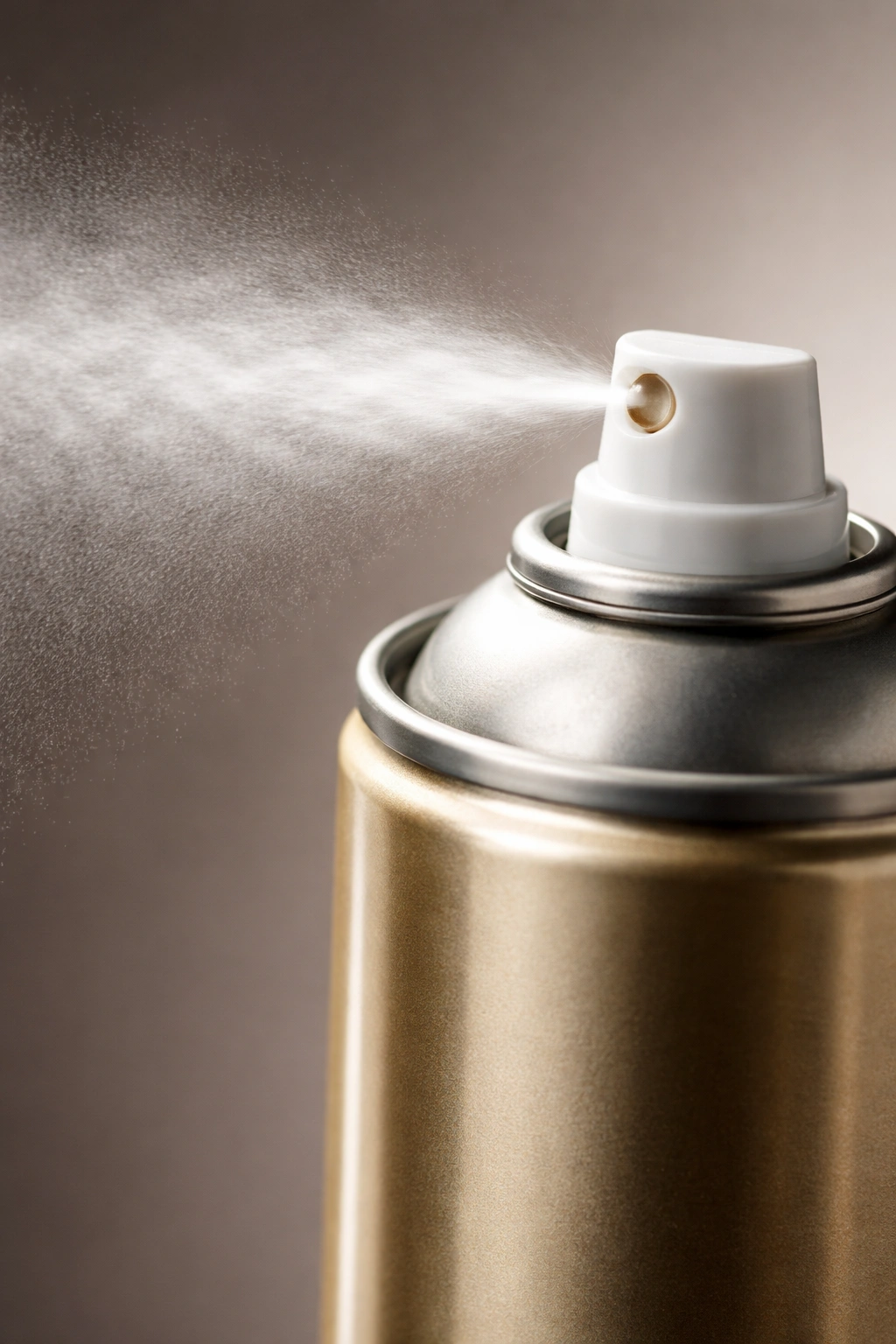 Hairspray nozzle releasing mist in macro shot