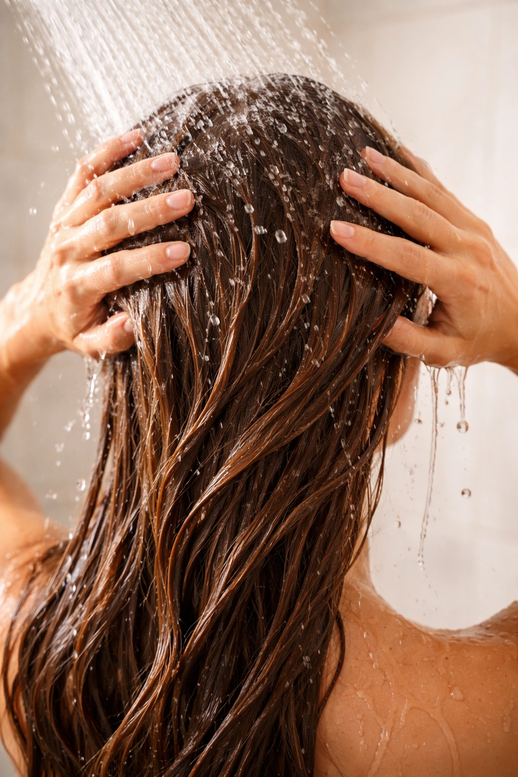 Hair being rinsed under warm water to remove hairspray