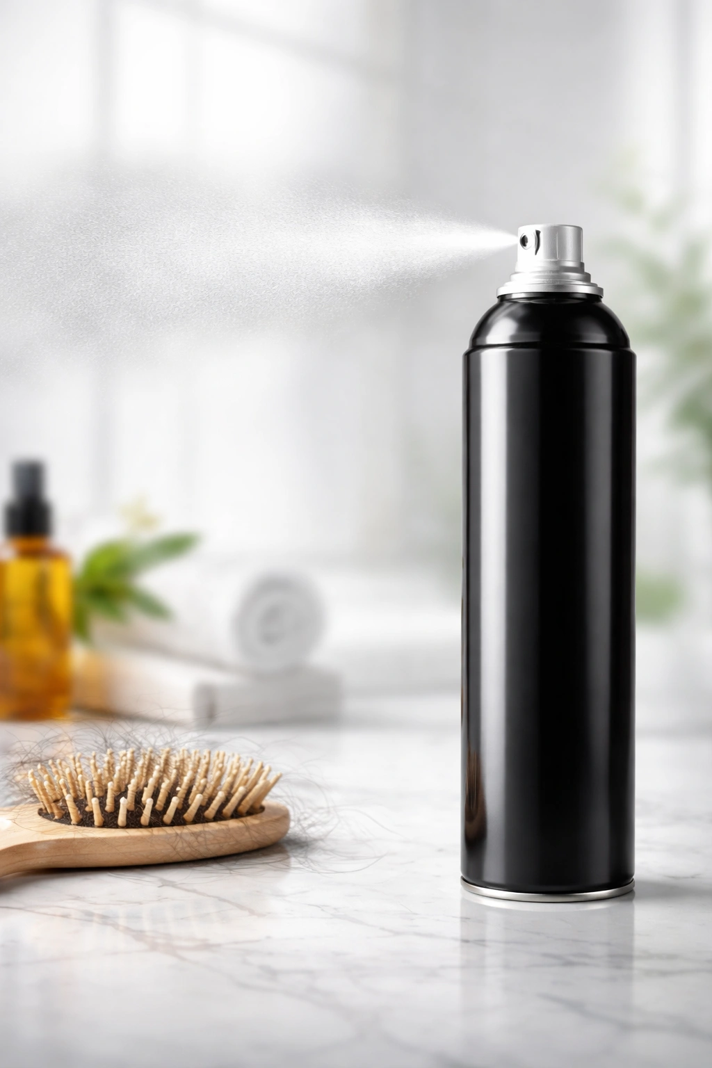 Hairspray bottle with soft mist against a clinical backdrop