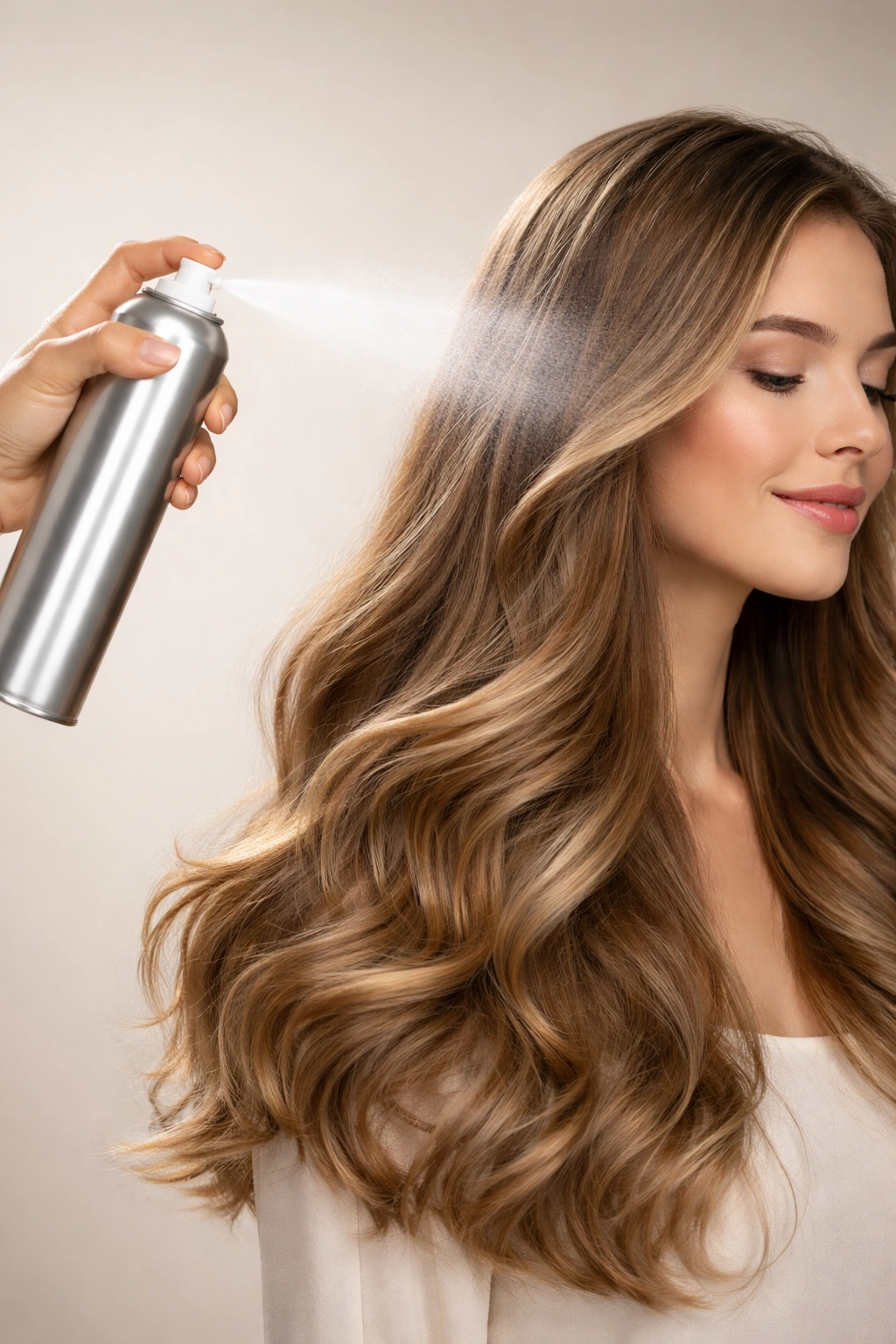 Close-up of hand spraying hairspray from 12 inches onto mid-length hair