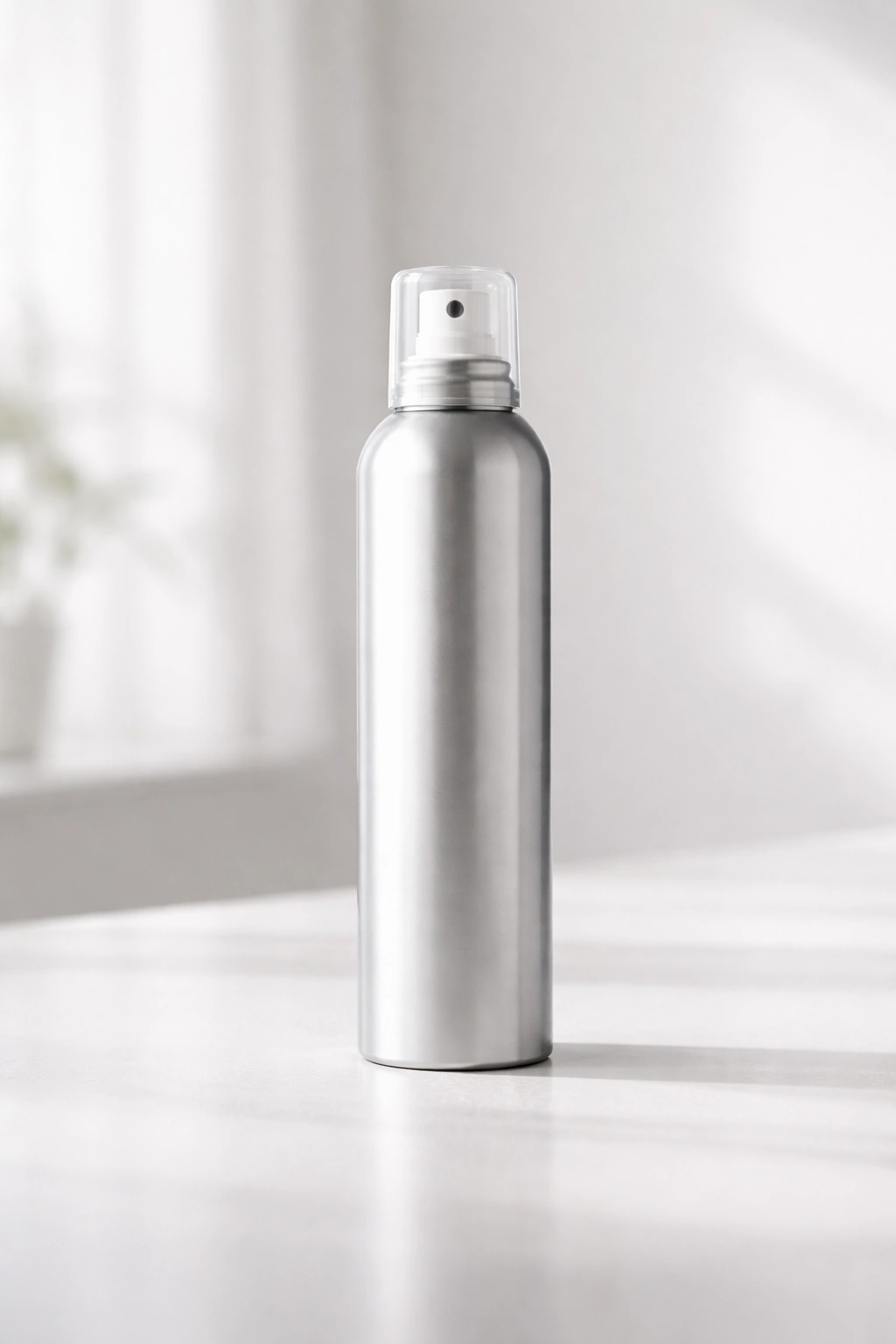 Hairspray bottle on clean surface in a minimalist studio