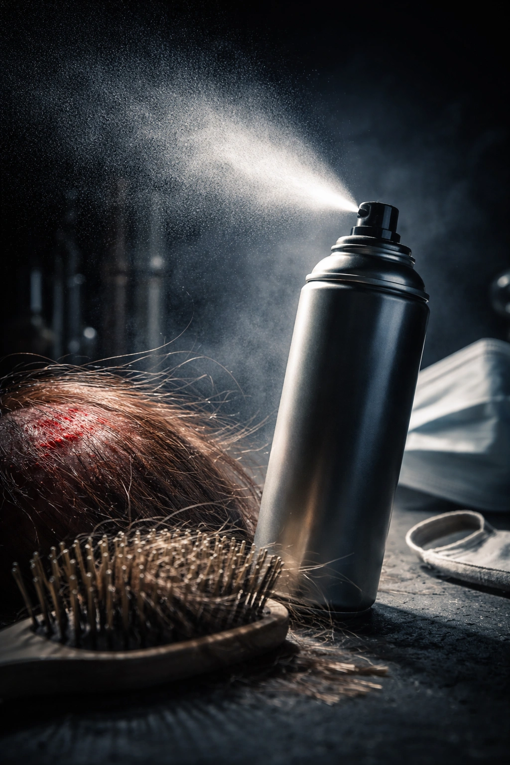 Hairspray bottle with dramatic lighting implying potential side effects
