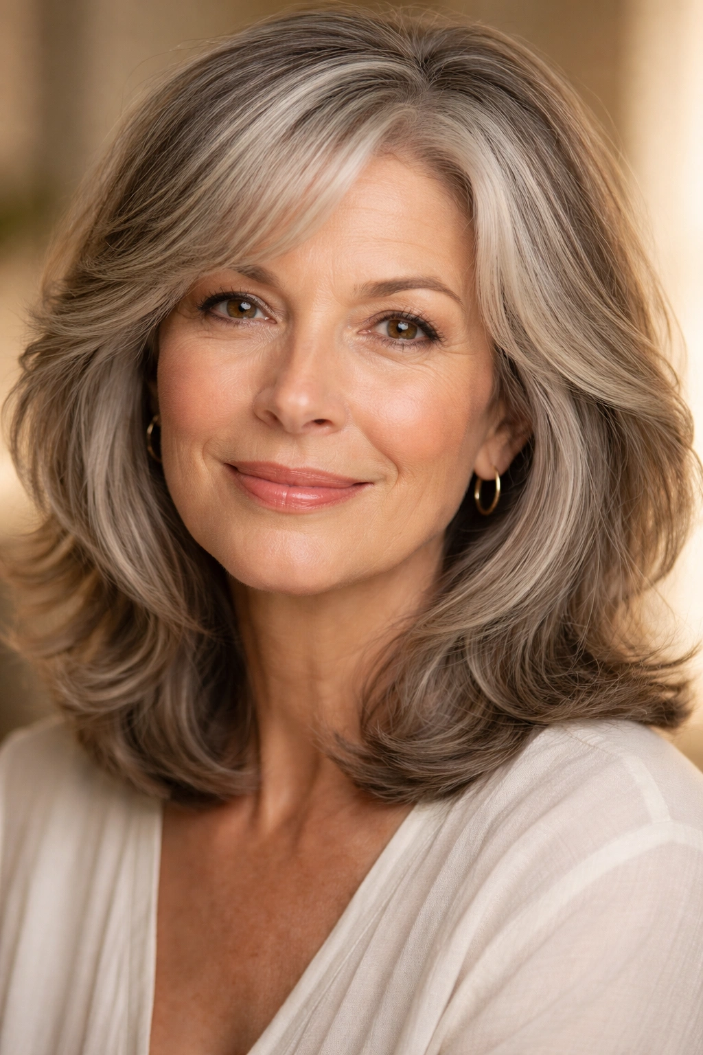Close-up portrait of a woman over 60 with a flattering shoulder-length layered hairstyle and natural gray tones