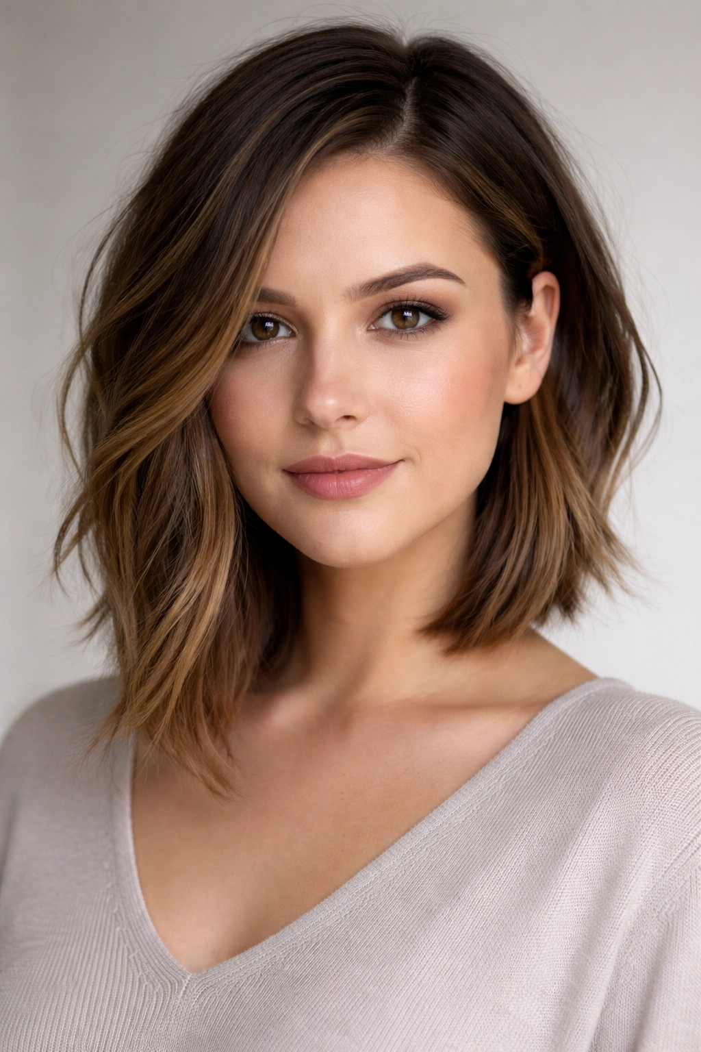 Model showcasing asymmetrical lob hairstyle