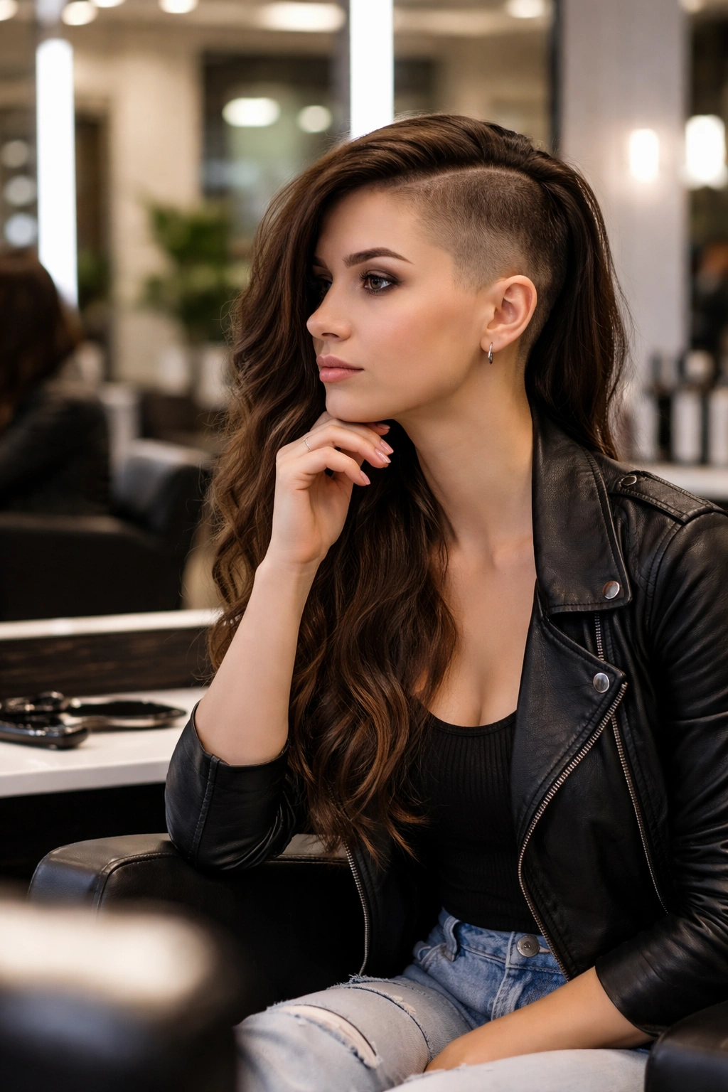 Client in salon chair with one side shaved and the other long