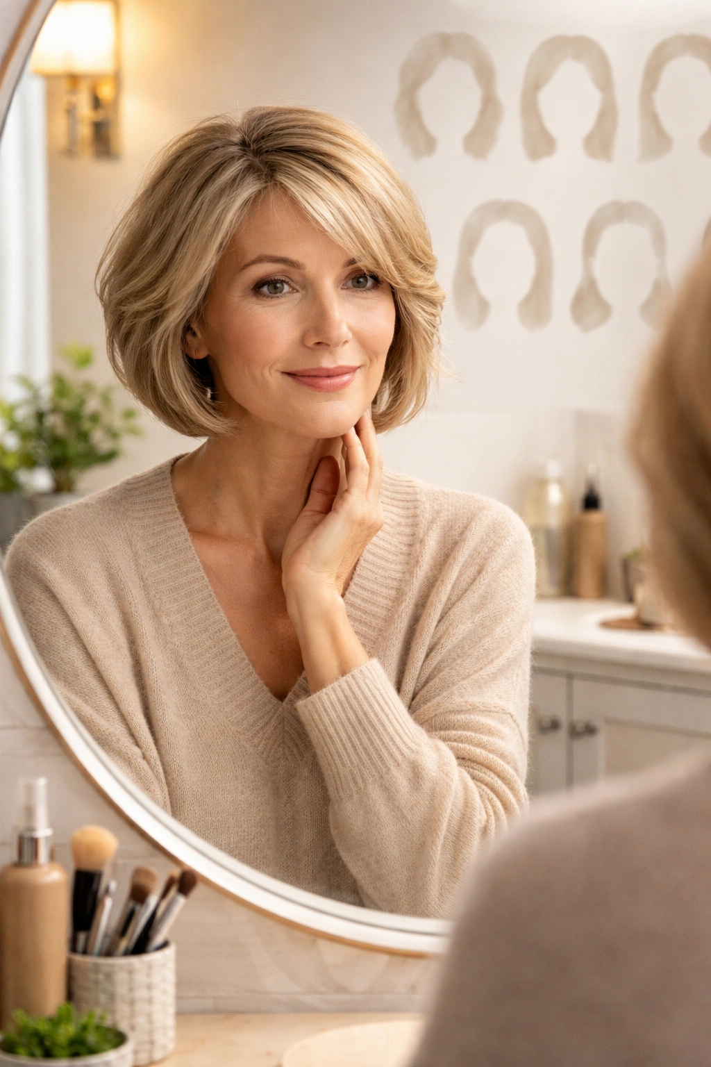 Person considering hairstyle options in a mirror with abstract face-shape silhouettes.