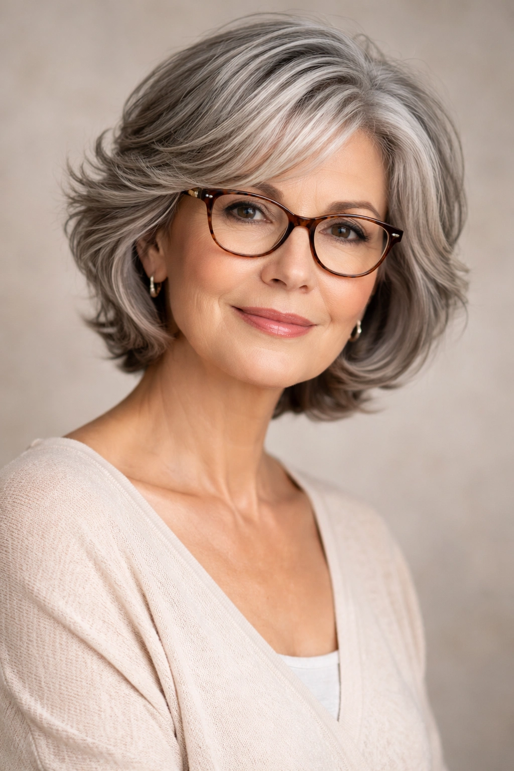 Older woman with glasses evaluating hairstyle choices based on face shape and texture