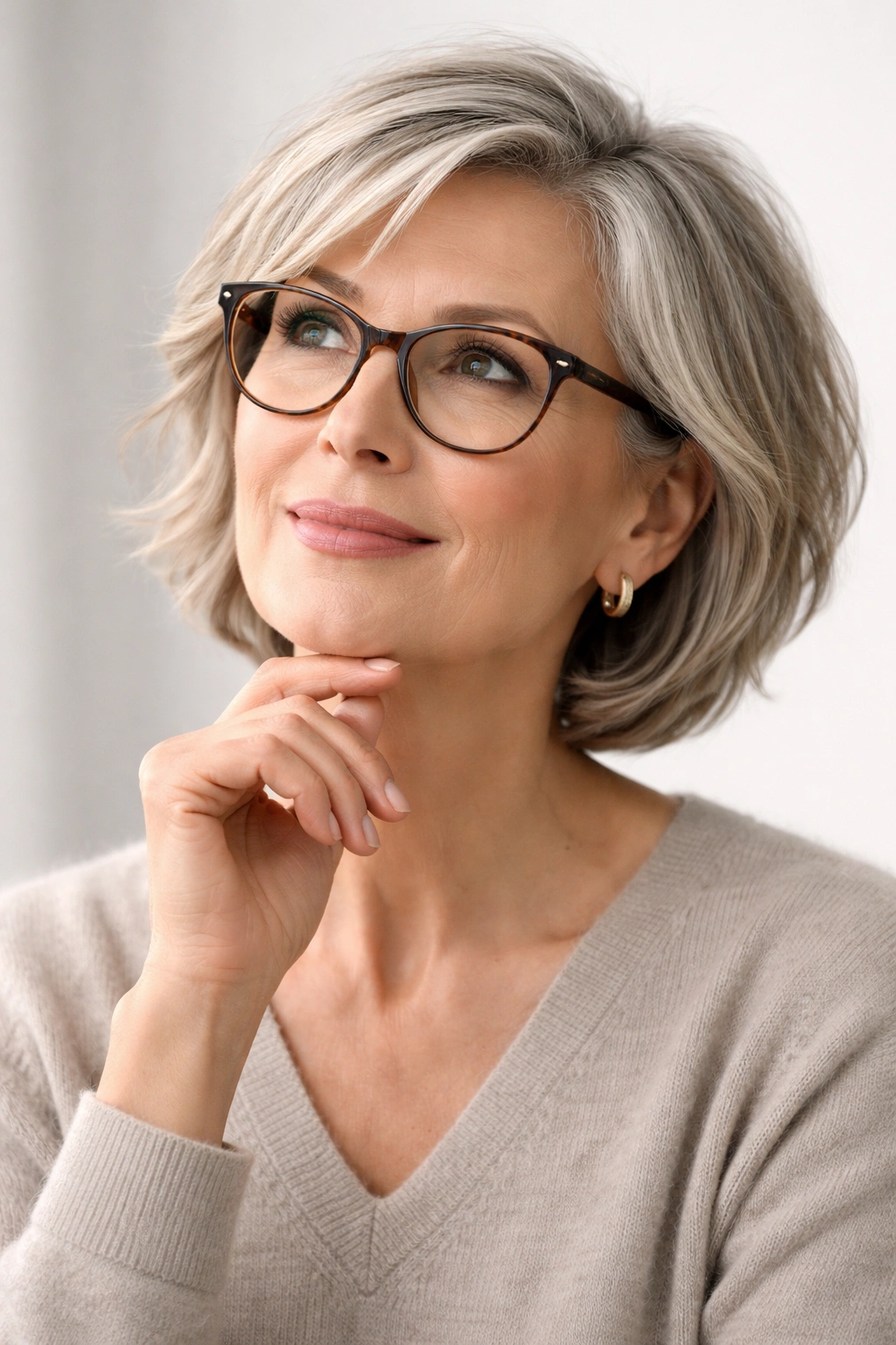 Older woman in a studio contemplating hairstyle options