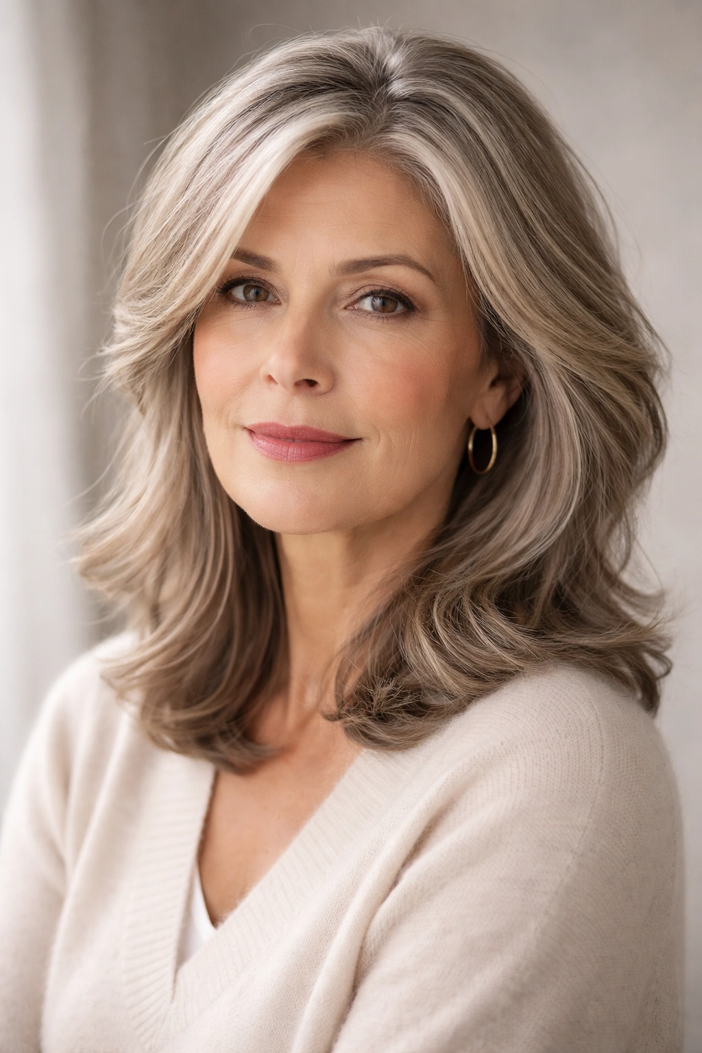 Close-up portrait of a mature woman considering hairstyle options.