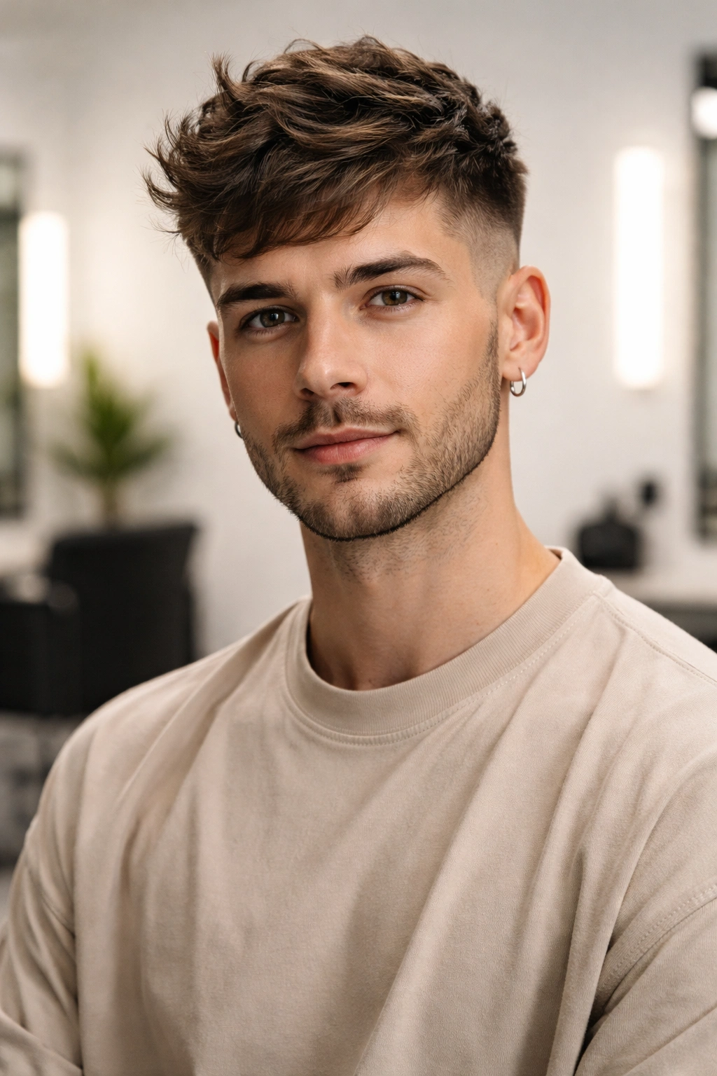 Thoughtful portrait of a person considering haircut options in a minimal salon.
