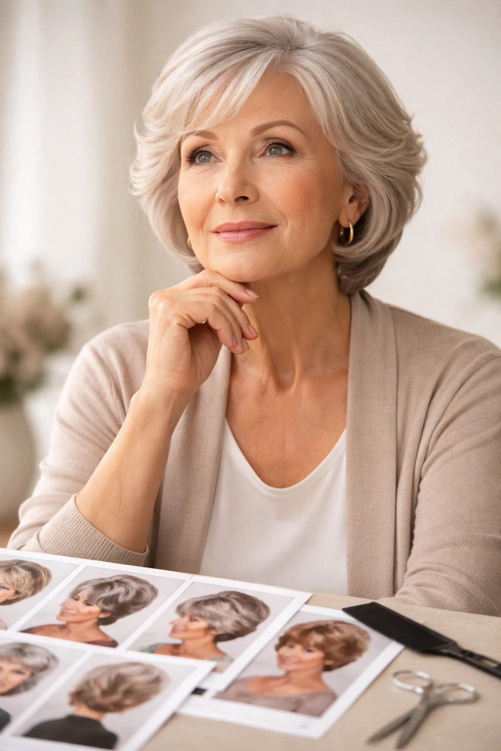 Portrait of a person contemplating hairstyle choices in a neutral studio