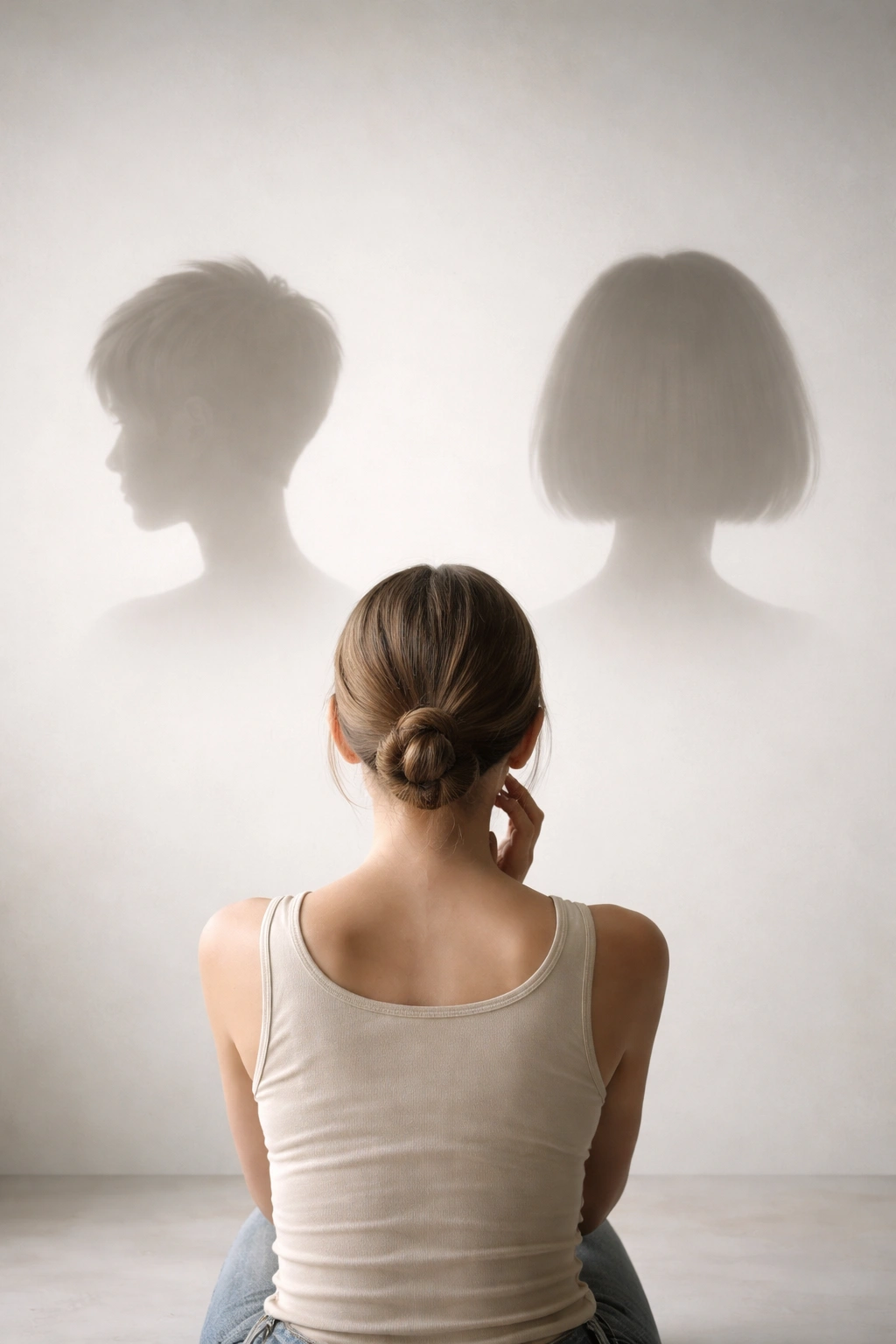 Person weighs two hairstyle silhouettes in a minimal studio