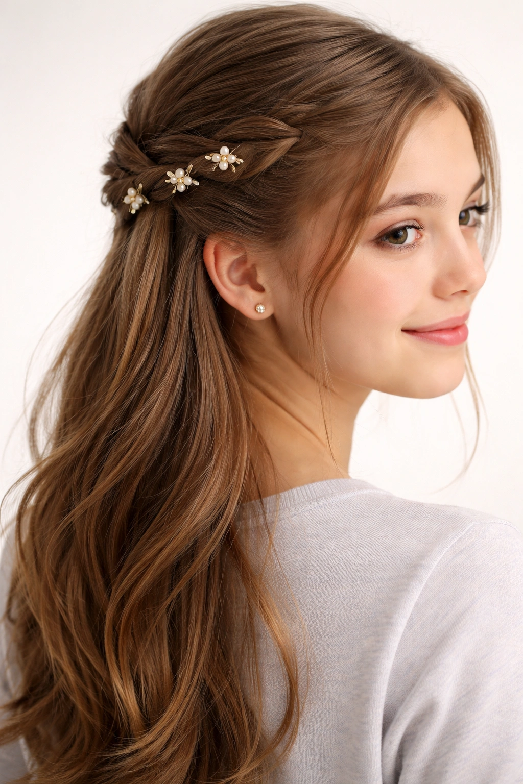 Finished hairstyle with decorative pins on a teen girl's head