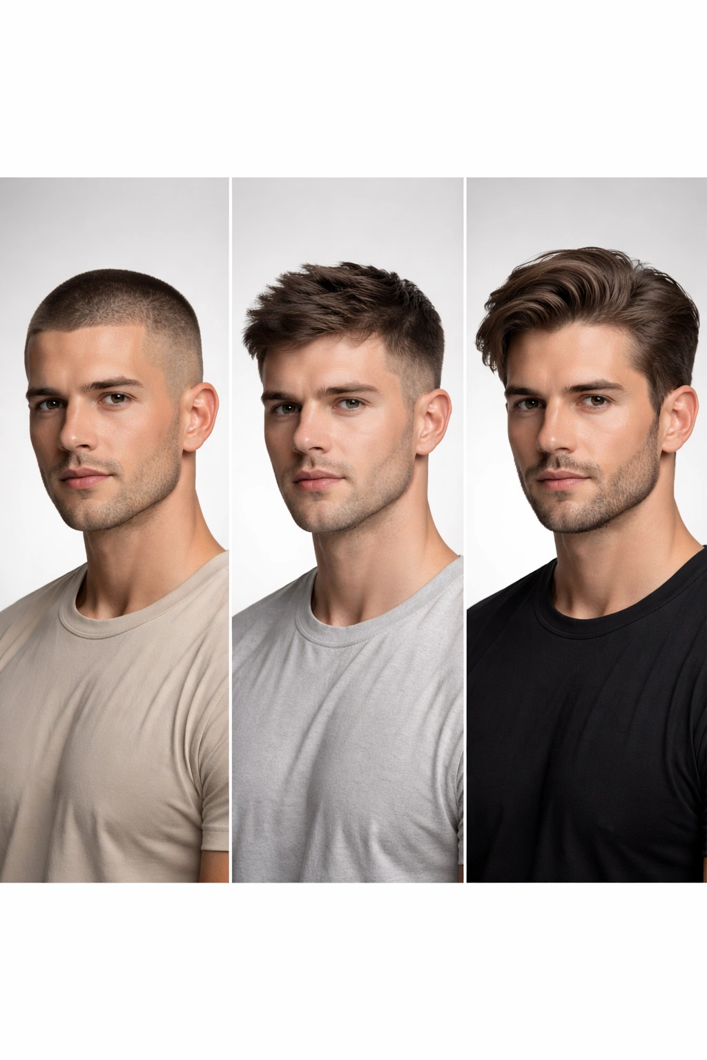 Three head-and-shoulders portraits showing different hair lengths to imply maintenance schedules