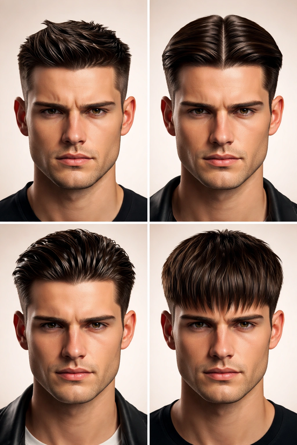 Head silhouette displaying common hairstyle mistakes: short sides, center part, greasy shine, blunt fringe
