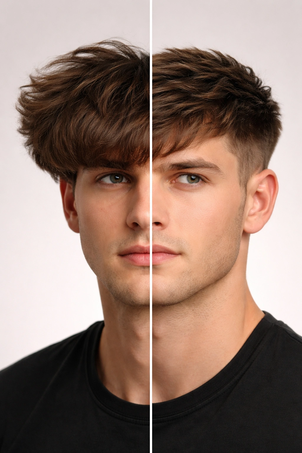 Split-head profile highlighting common hairstyle mistakes vs correct balance for oval faces
