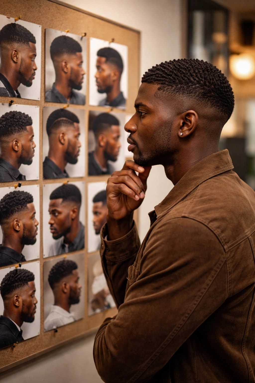 Man reviewing hairstyle mood board in a softly lit room
