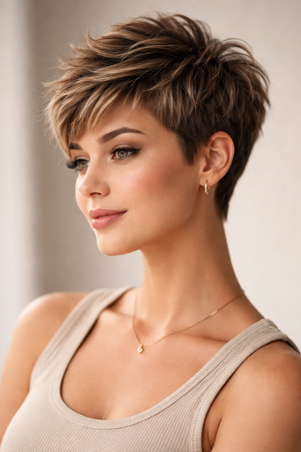 Model with textured pixie cut showing top height