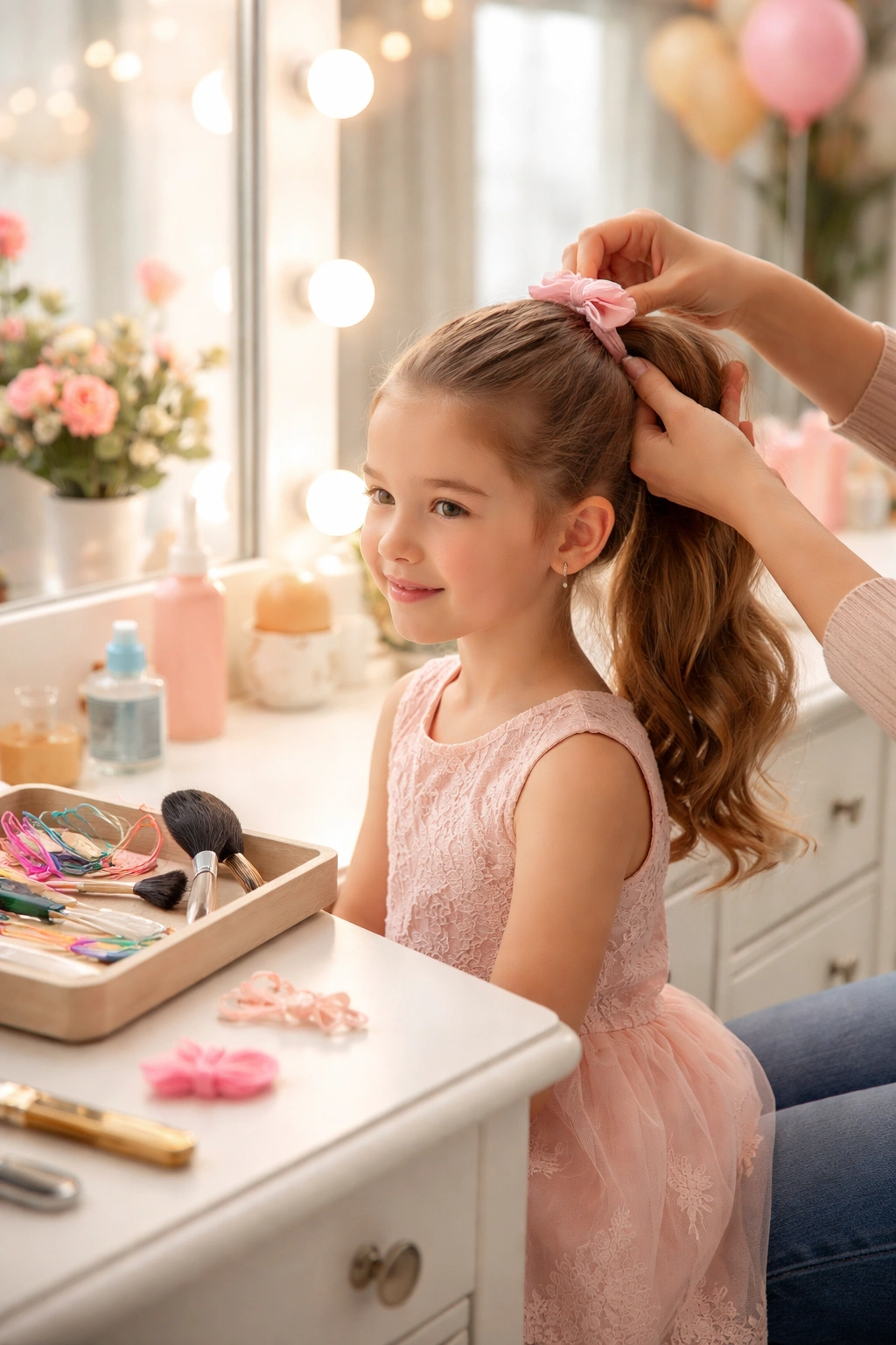 Parent styling daughter's hair at vanity for birthday, hands and tools visible