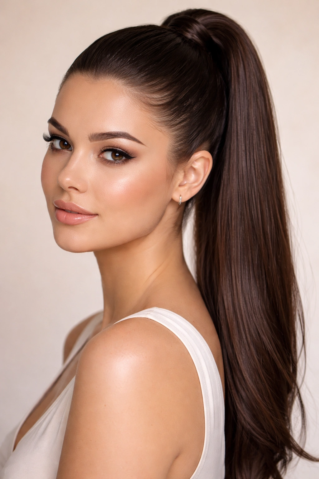 Model with sleek high ponytail in a studio