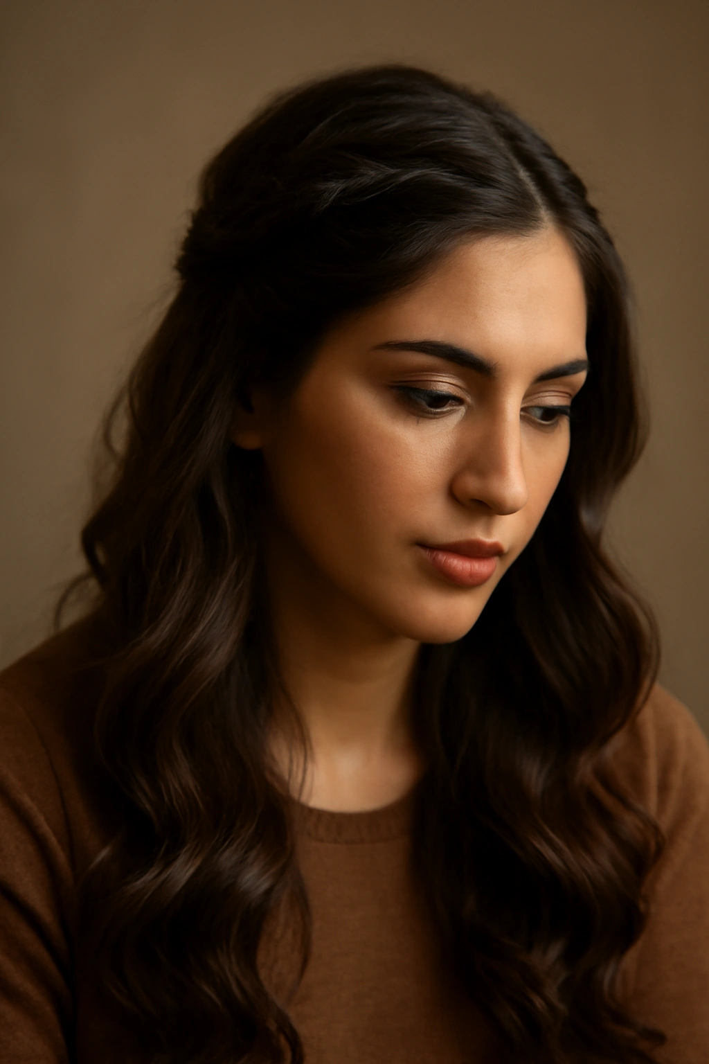 12 Beautiful Hairstyles for Arab Women to Try 13 Close-up portrait of an Arab woman with softly waved hair and subtle braids in a neutral studio setting