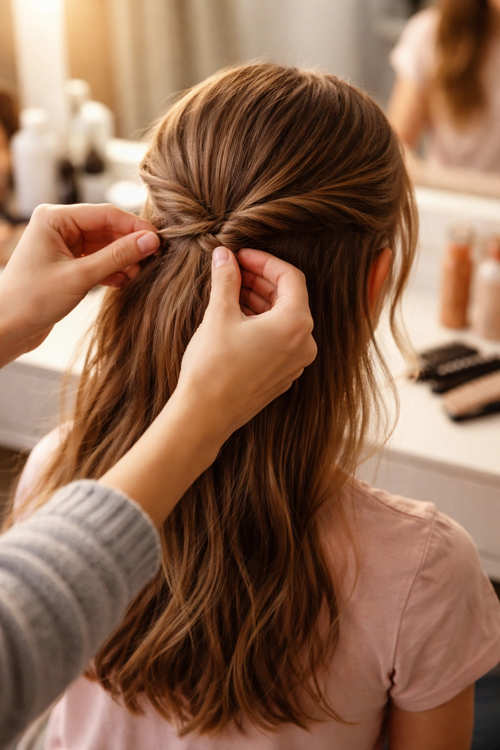Hands twisting and pinning hair to practice different hairstyles.