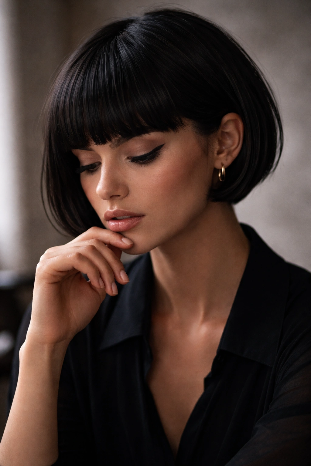 Moody portrait reflecting on hairstyle choices with short cut and blunt bangs