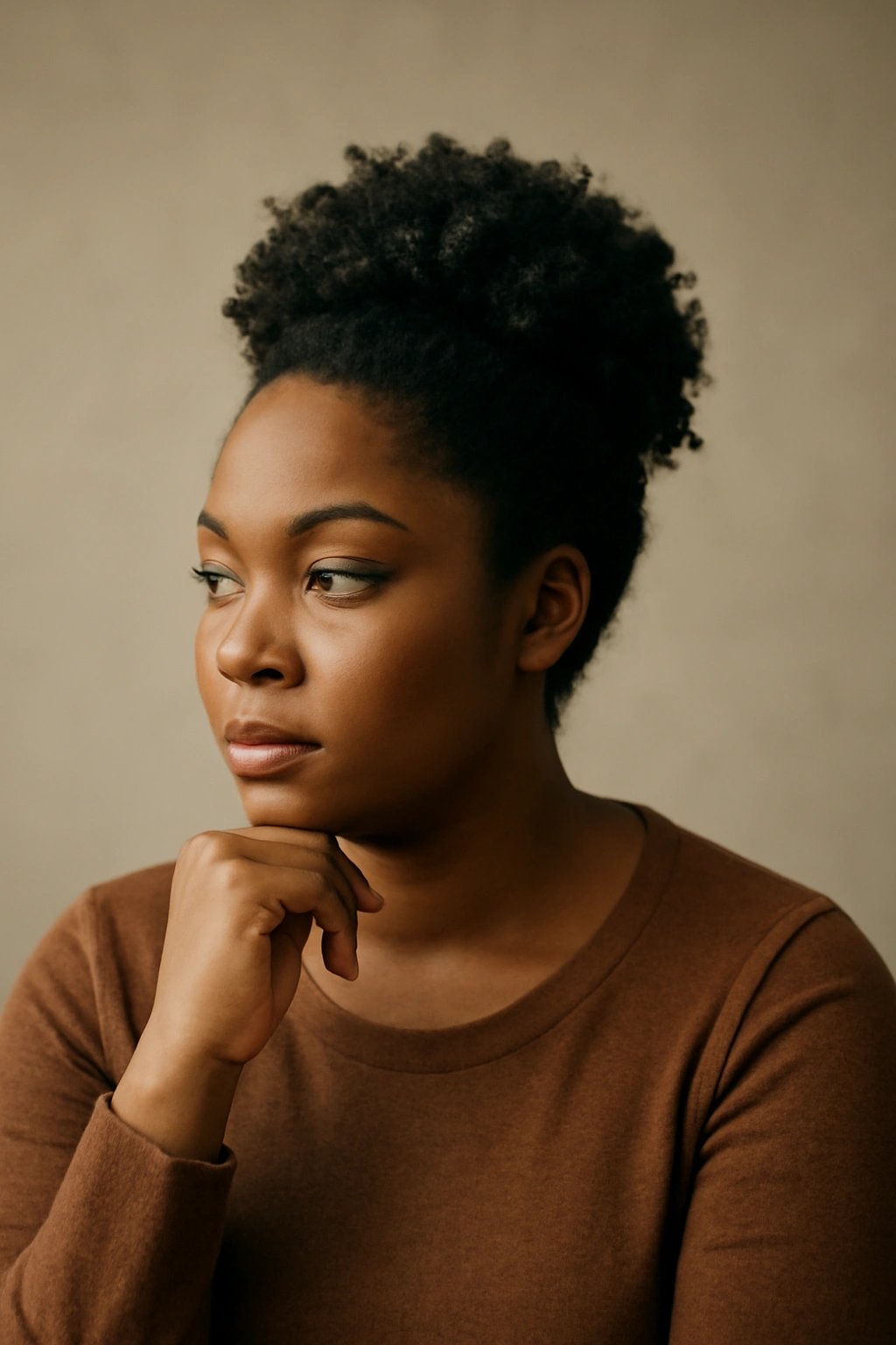 12 Flattering Hairstyles for Black Women With Round Faces 13 Portrait of a thoughtful Black woman with a round face and textured updo in a neutral studio