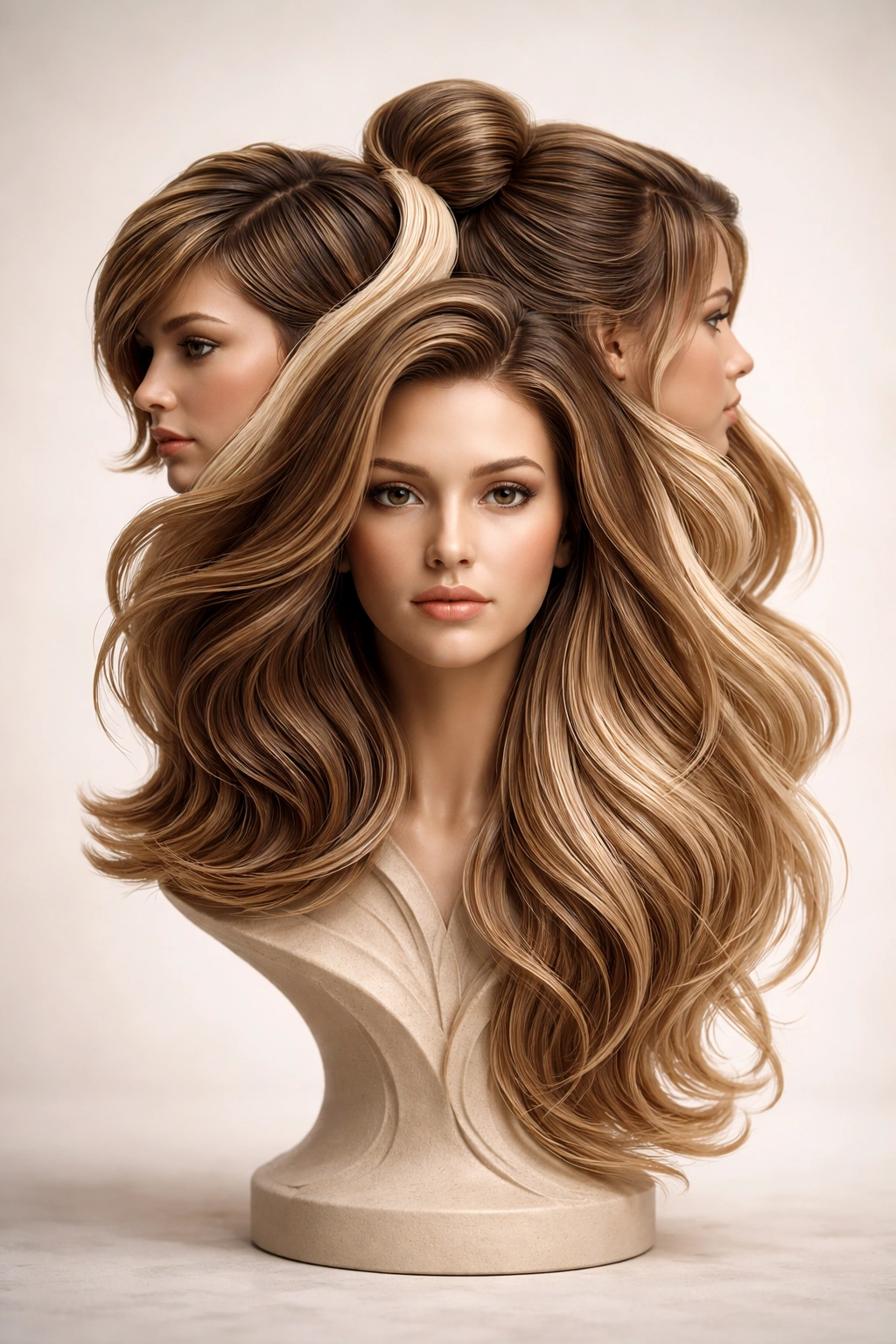 Sculptural head bust carved with multiple hairstyle silhouettes
