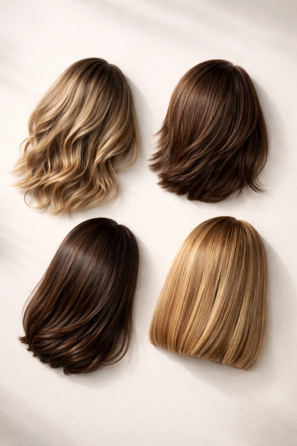 Abstract hair silhouette shapes showing waves, layers, straight, and blunt styles.