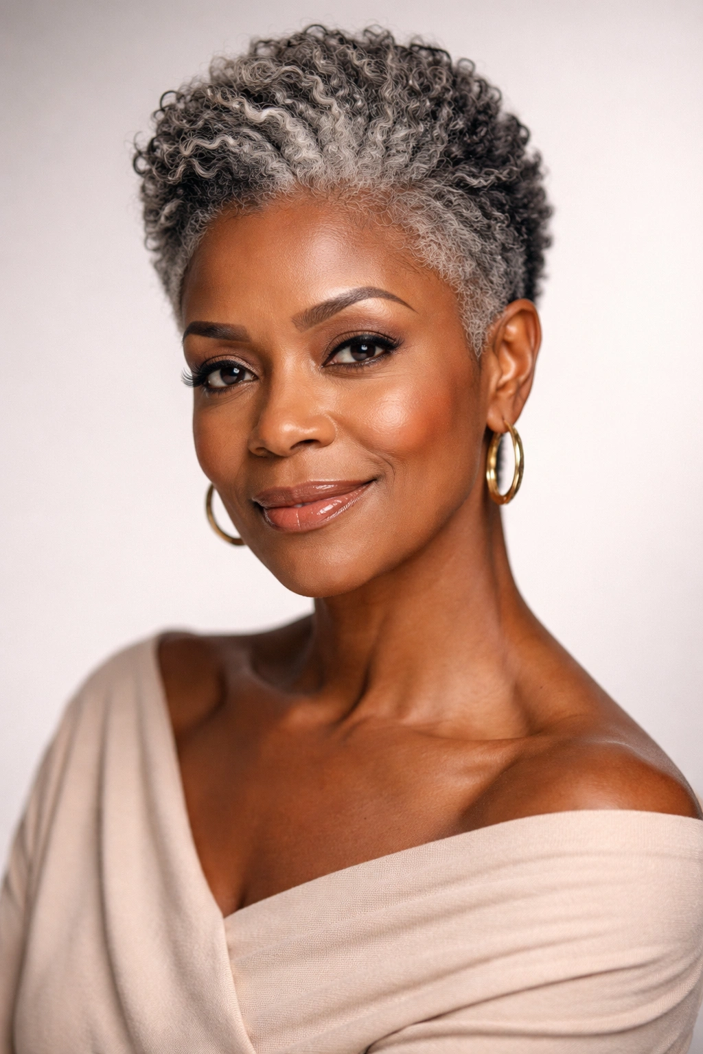 Close-up portrait of a Black woman over 50 with a stylish short natural hairstyle in a studio