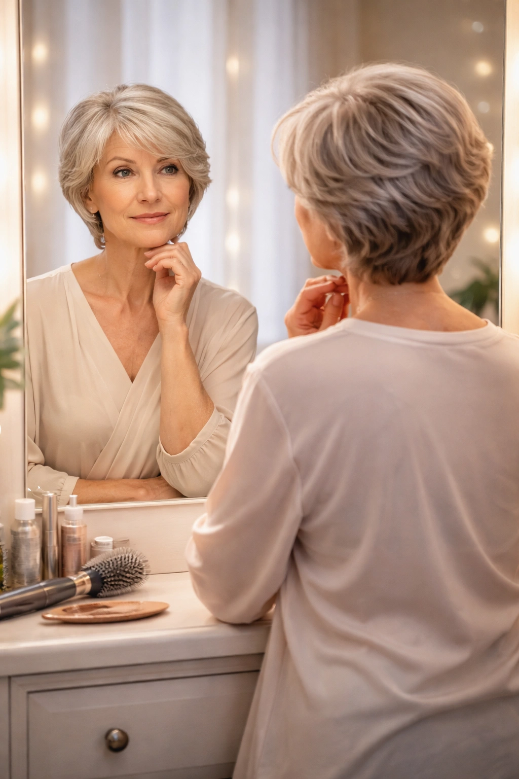 Mature person contemplating hairstyle choices in front of a mirror