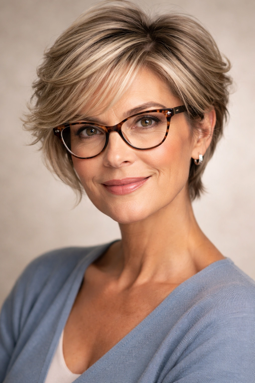 Close-up portrait of a woman with stylish hairstyle and glasses