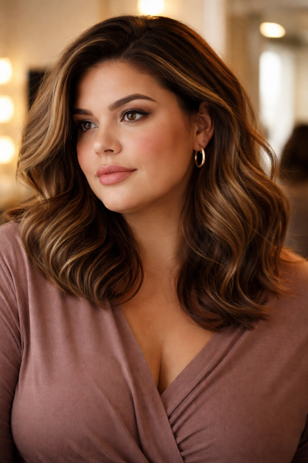 Contemplative plus-size woman with a stylish hairstyle in a softly lit dressing room