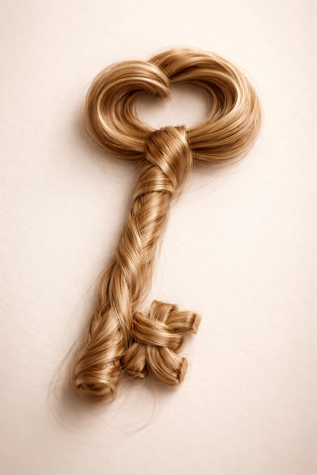 Close-up of a key-shaped sculpture made from hair strands on a neutral background