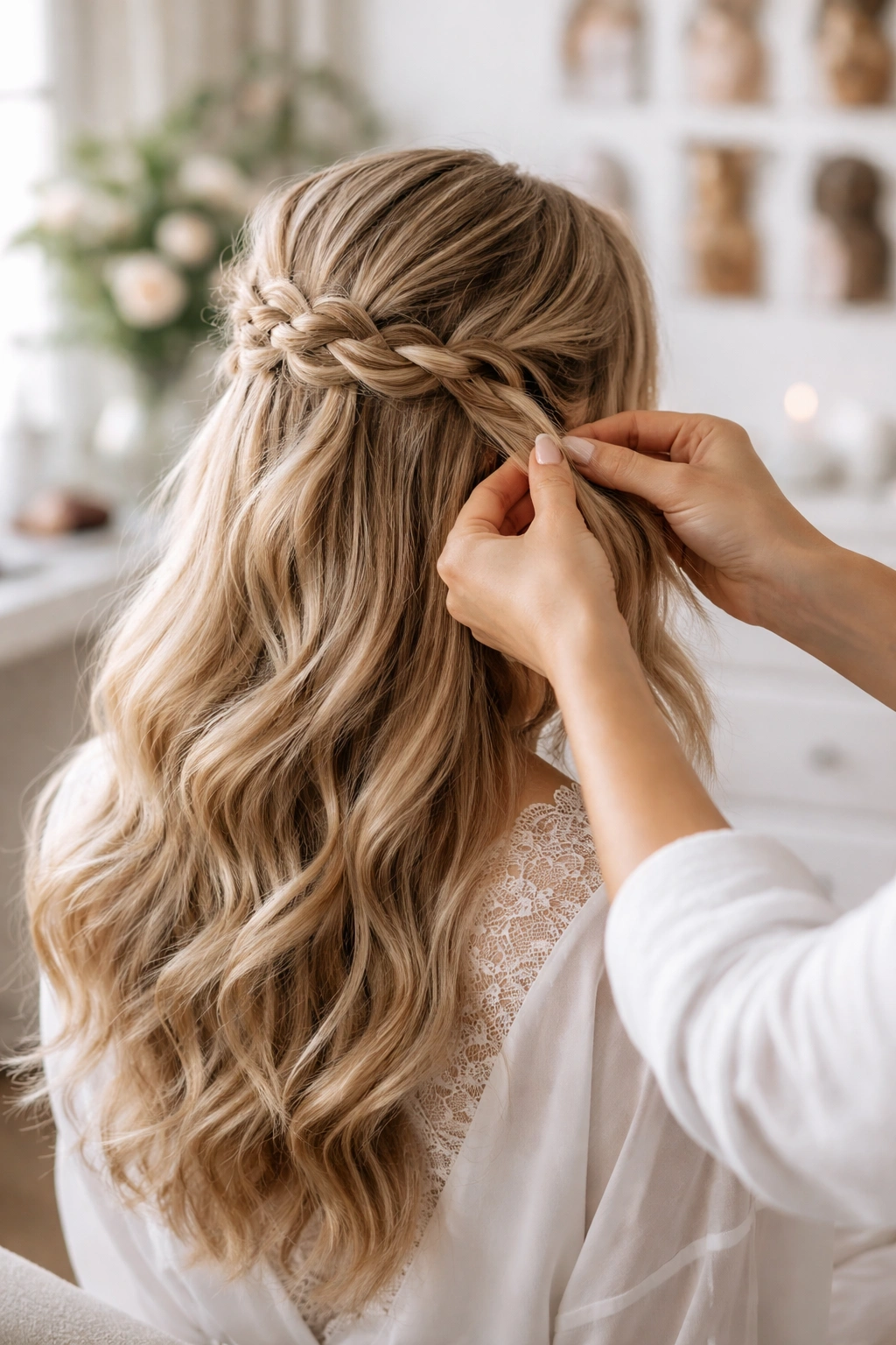 Hairstylist practicing a half-up braid on a client