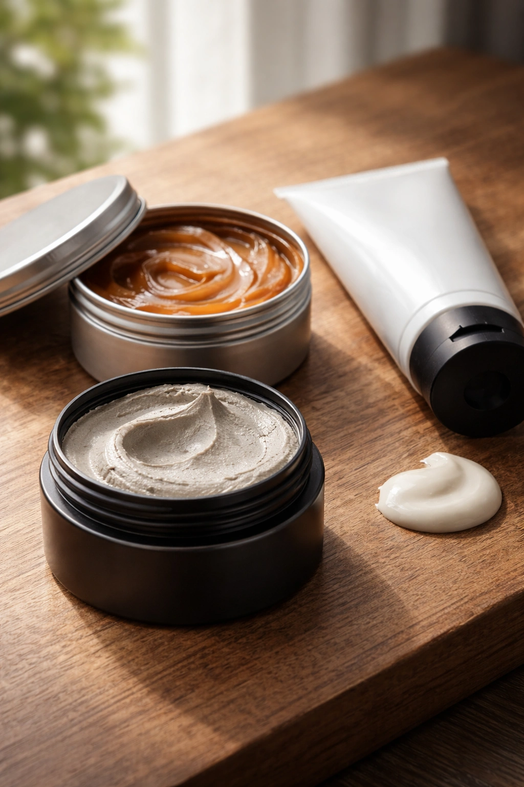 Close-up of unlabeled hair styling containers on wood surface with matte clay, pomade, and styling cream