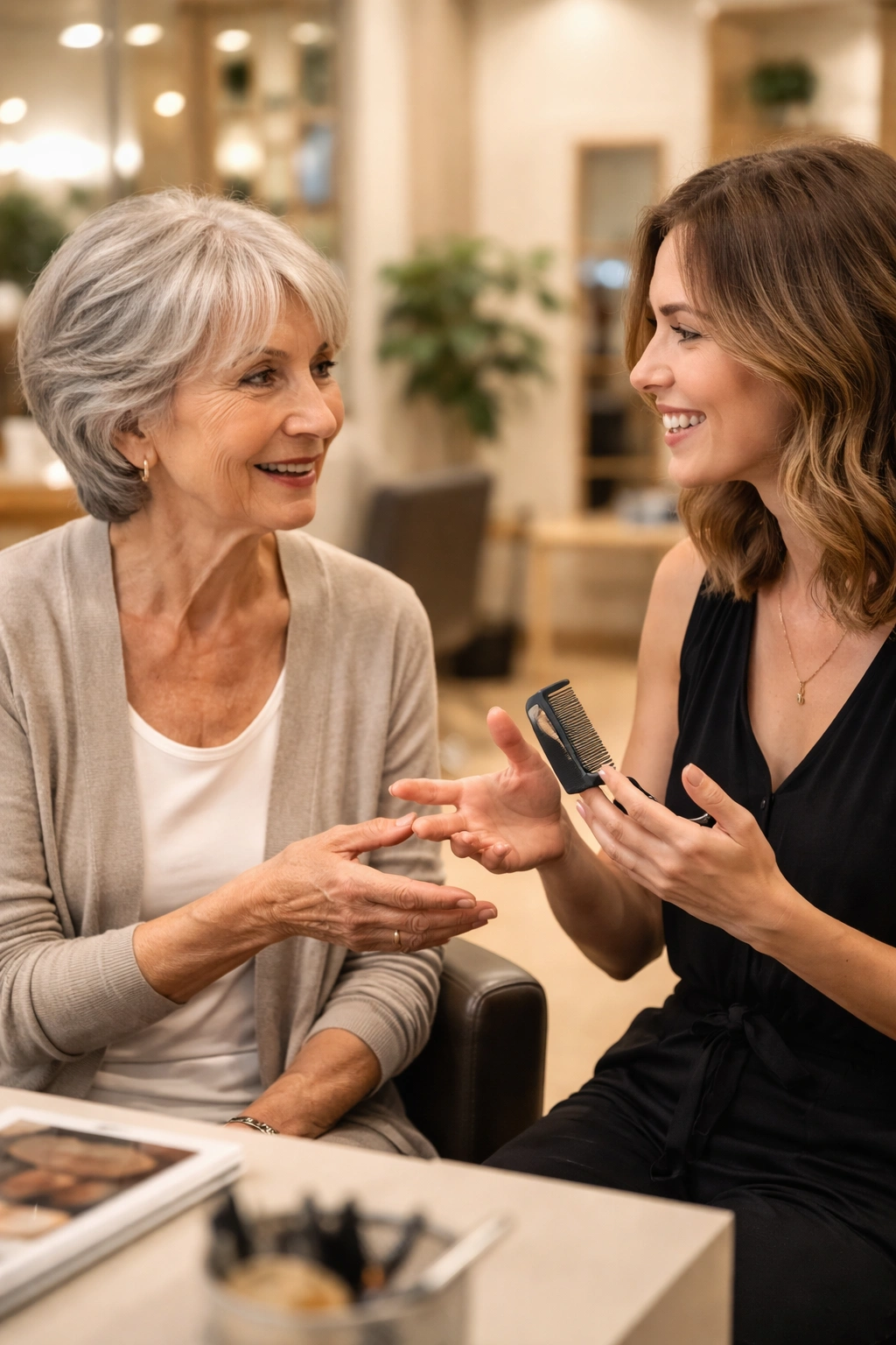 Client and stylist in a salon consultation discussing hairstyle