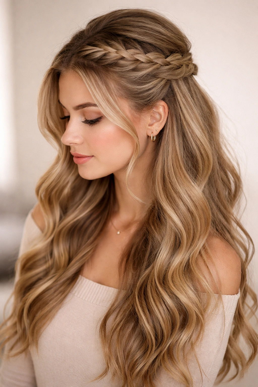 Crown half-braid with loose waves down on a neutral background