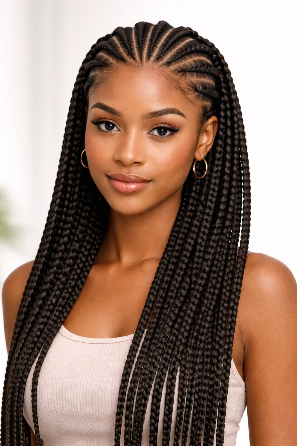 Front view of half-cornrows half box braids hairstyle
