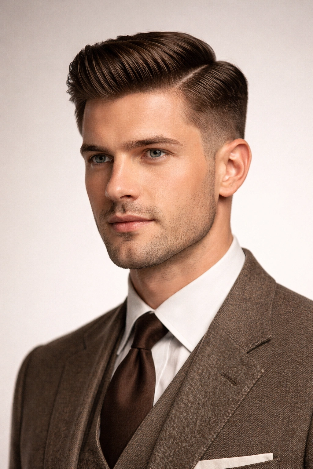Portrait of man with a half crown hairstyle featuring modest height.