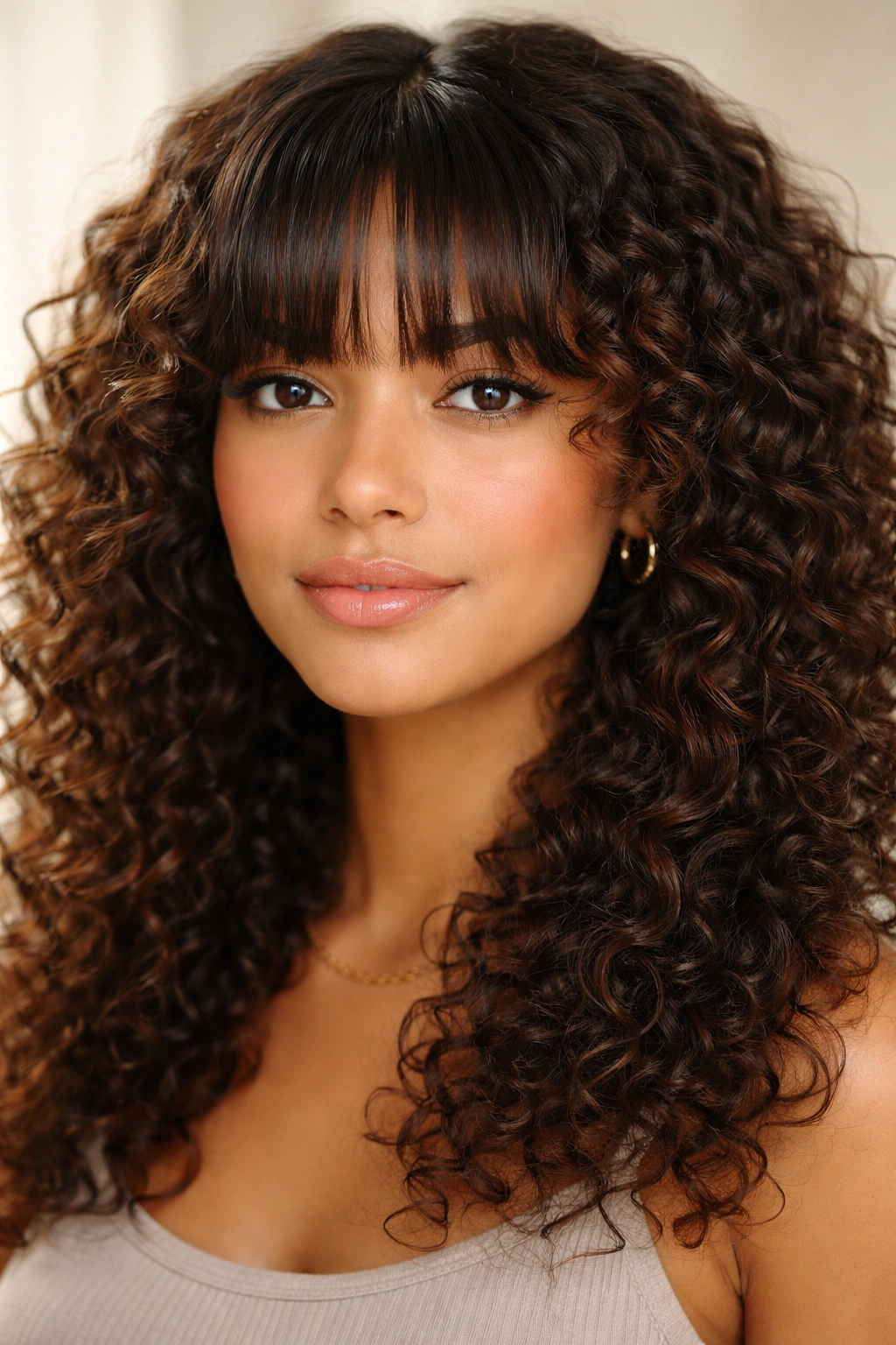 Face-framing bangs half-curled with straight sections and textured curls