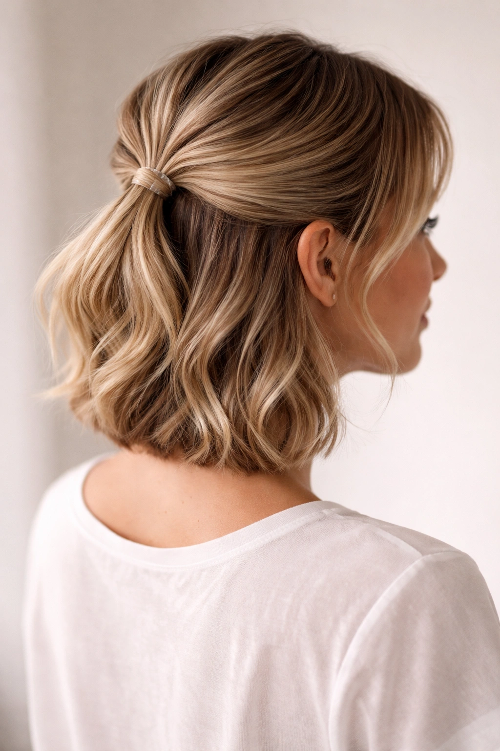 15 Easy Updos That Actually Work On Short Hair 14 Profile close-up of a short hairstyle with the top half tied into a tucked ponytail and ends folded under