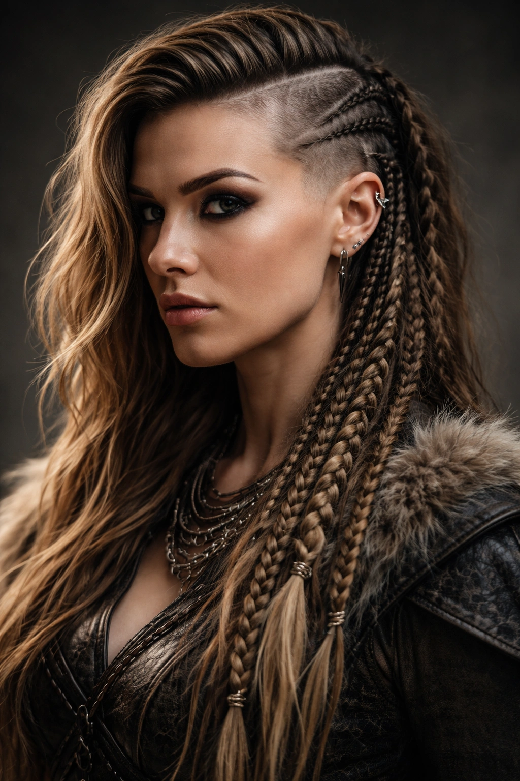 Asymmetrical half-shaved hairstyle with multiple braids