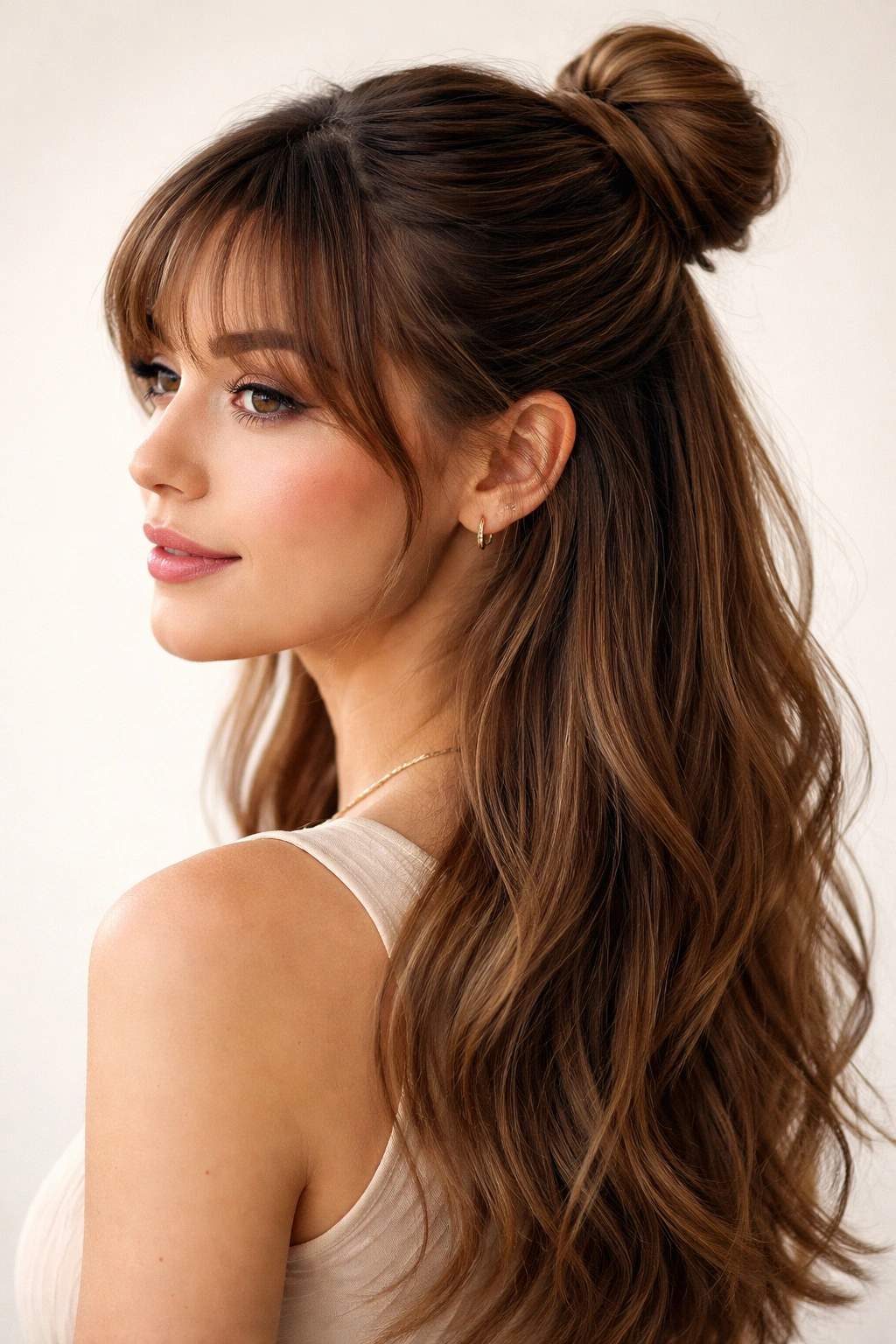 Portrait of a person with half-up hairstyle and bangs tucked into a crown bun