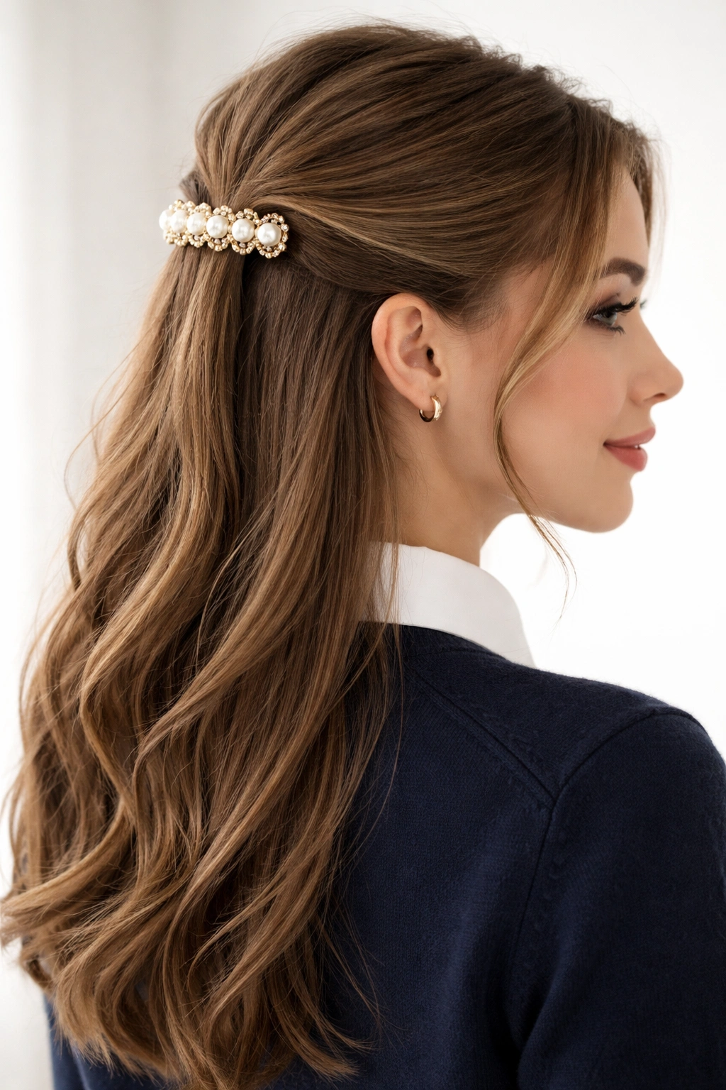 Half-up hairstyle with elastic and decorative barrette at crown