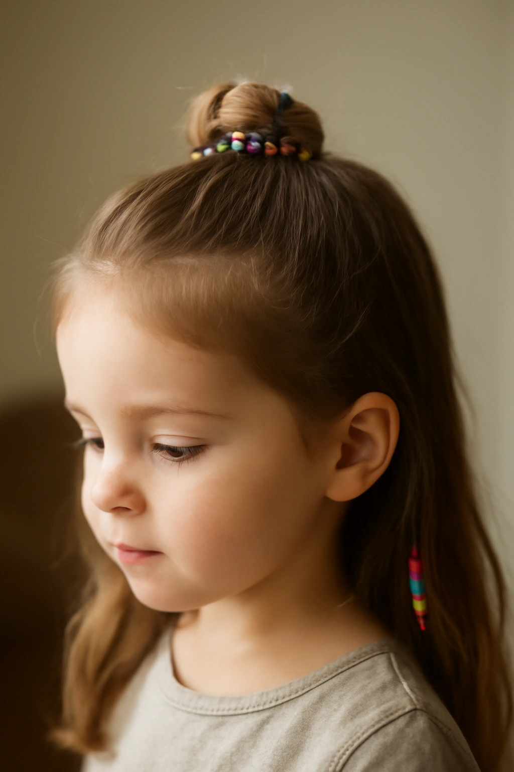12 Cute Beaded Hairstyles Your Toddler Will Love 10 Toddler with a half-up bun decorated with beads.