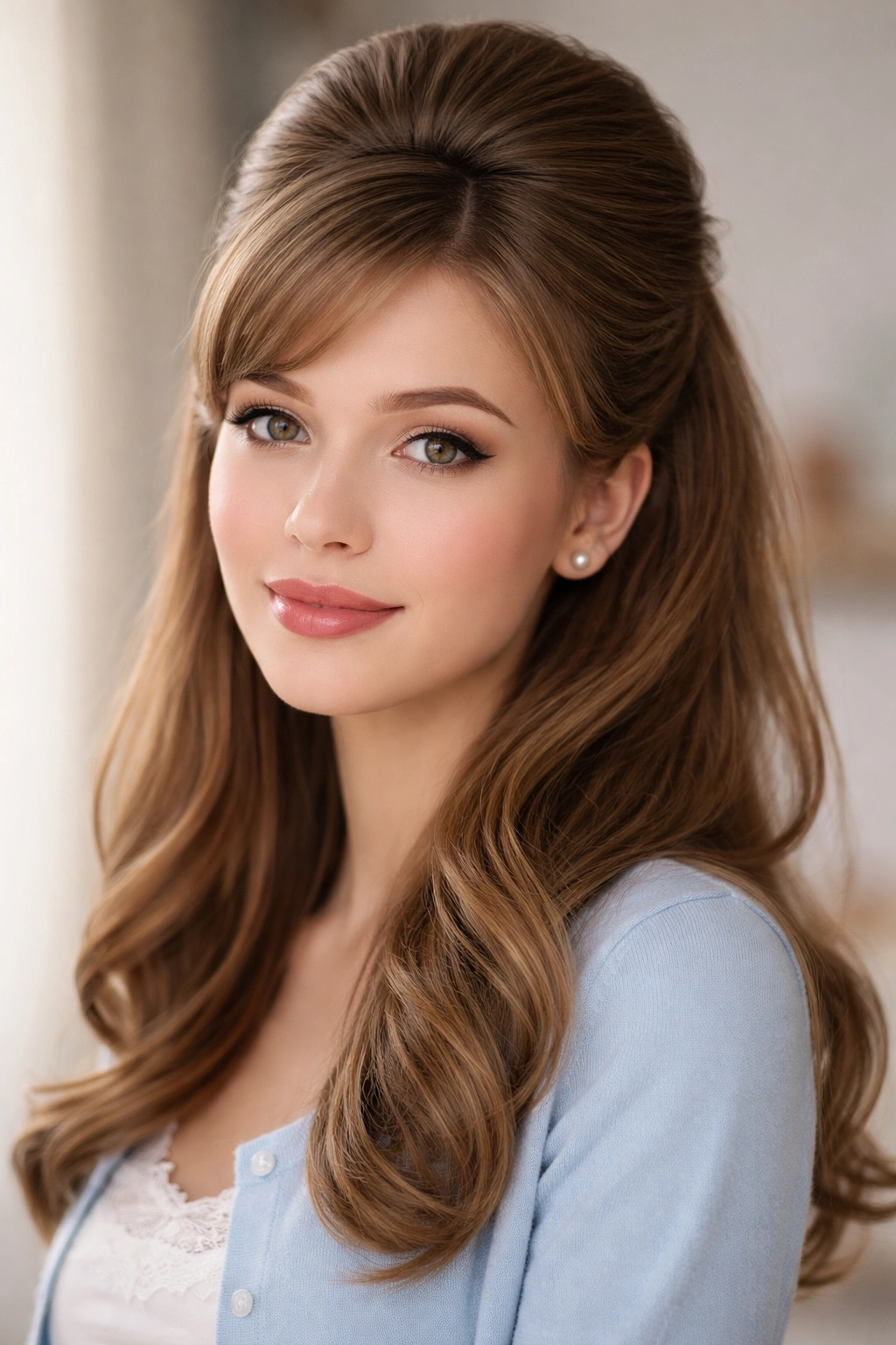 Half-up hairstyle with a lifted mini bouffant