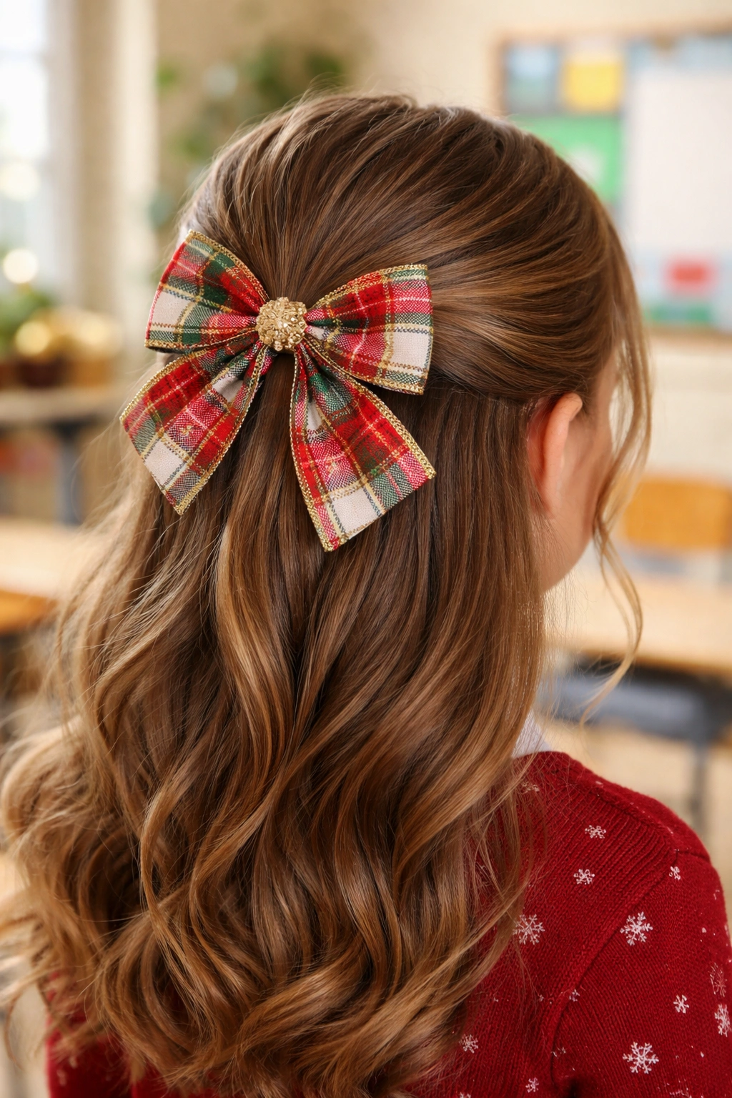 Half-up hairstyle with festive bow in a classroom setting